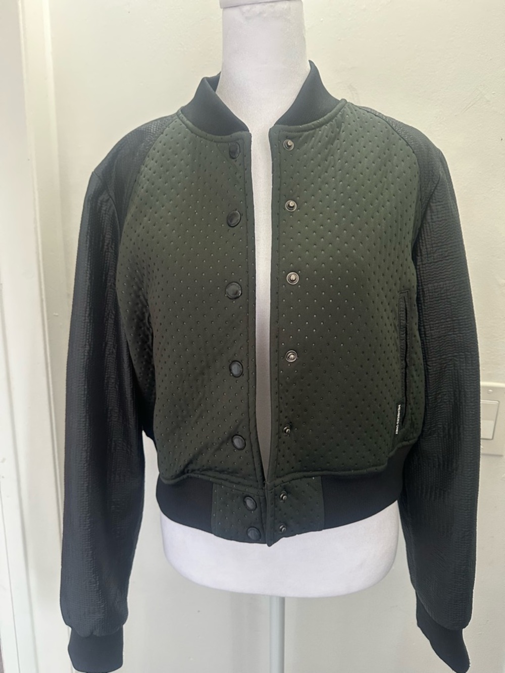 Members Only Olive Green and Black Perforated Bomber Jacket